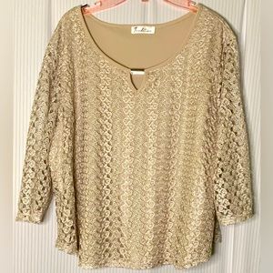 Tradition Beige Crochet Overlay Blouse Lined Size XL Petite
